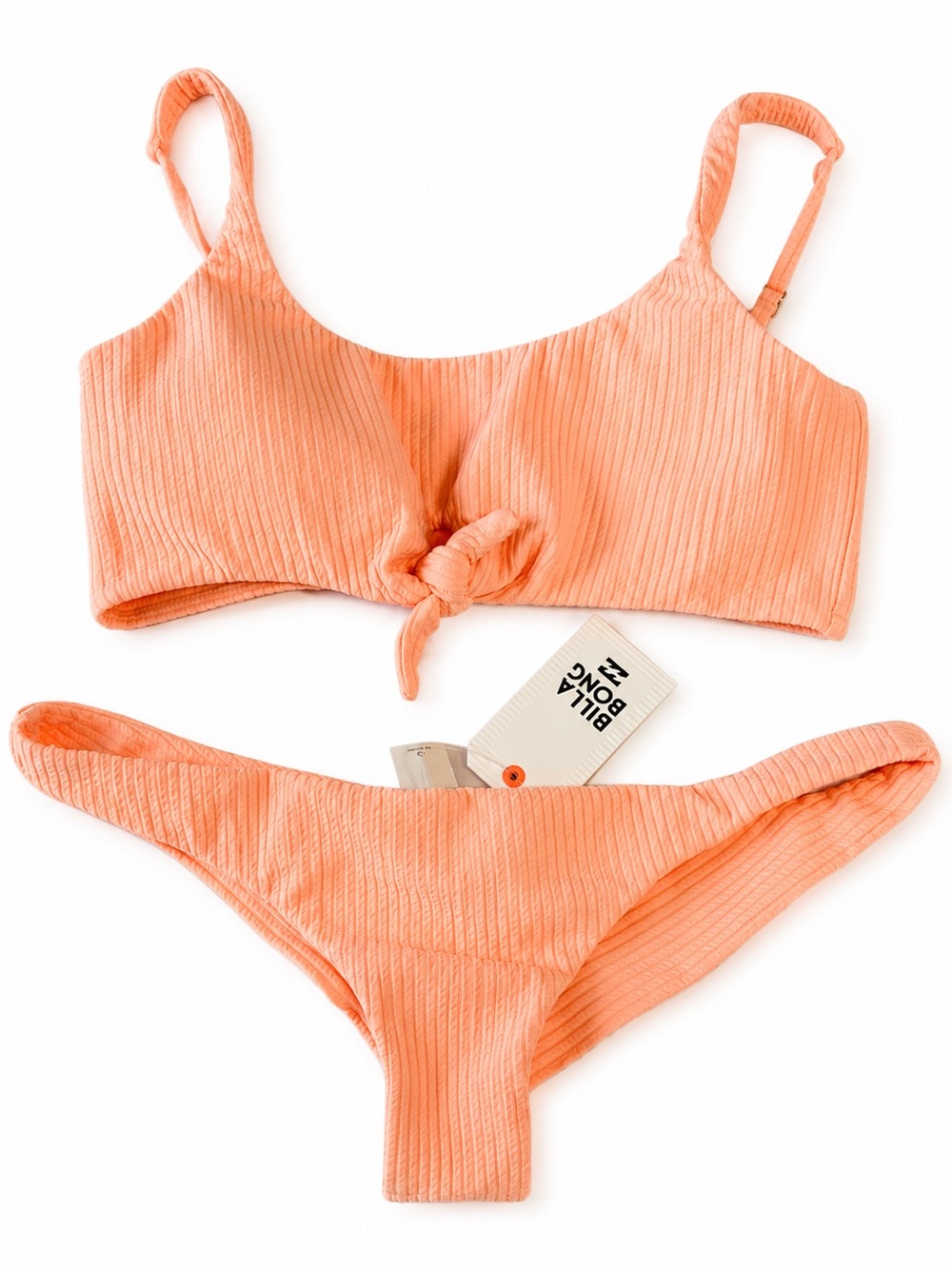 New Billabong Peach Ribbed Tie-Front Bikini Set Under The Sun Skinny Coverage